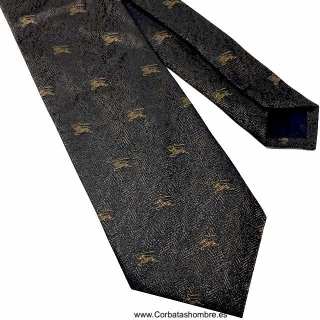 CORBATA DE TELA JASPEADA MARRÓN OSCURA CON CABALLEROS MEDIEVALES CAMEL 