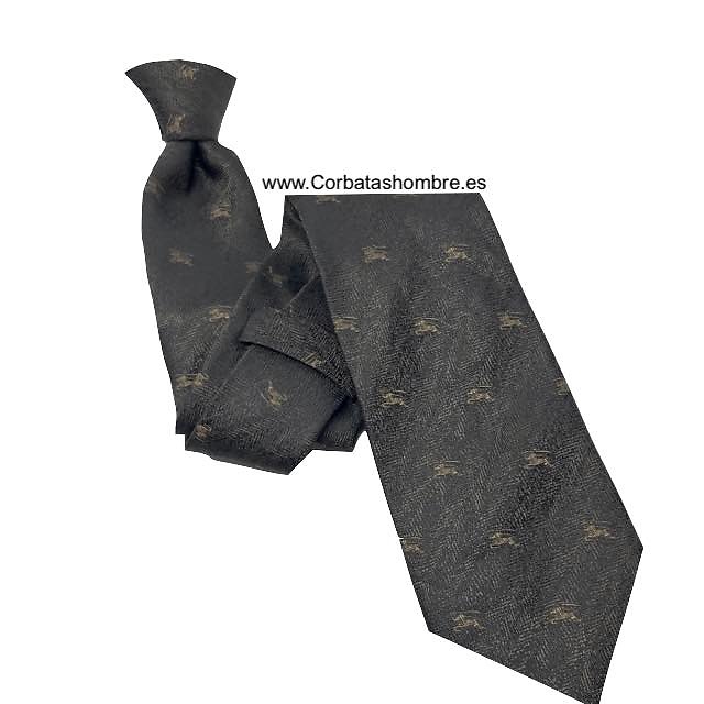 CORBATA DE TELA JASPEADA MARRÓN OSCURA CON CABALLEROS MEDIEVALES CAMEL 