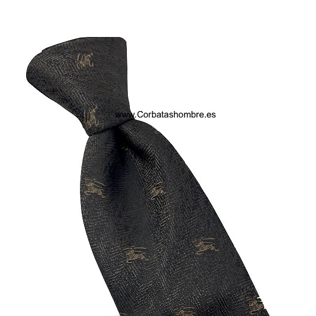 CORBATA DE TELA JASPEADA MARRÓN OSCURA CON CABALLEROS MEDIEVALES CAMEL 