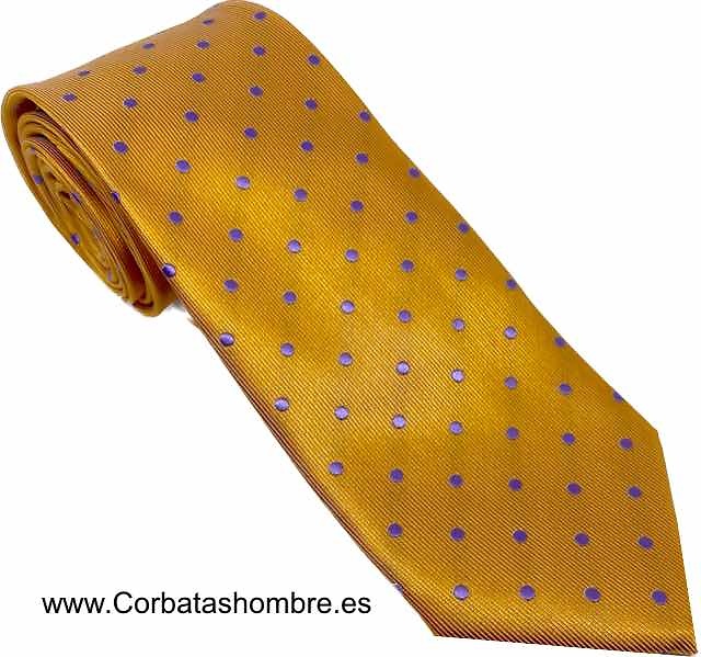 CORBATA DORADA CON LUNARES LILAS O MORADOS 