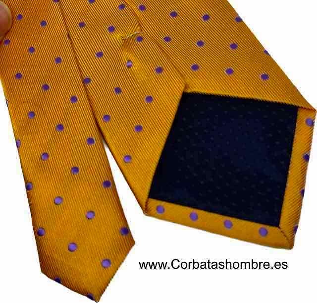 CORBATA DORADA CON LUNARES LILAS O MORADOS 