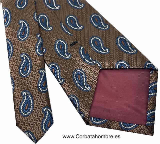 CORBATA ESPIGADA COBRE CON CACHEMIRES AZULES CON BLANCO 
