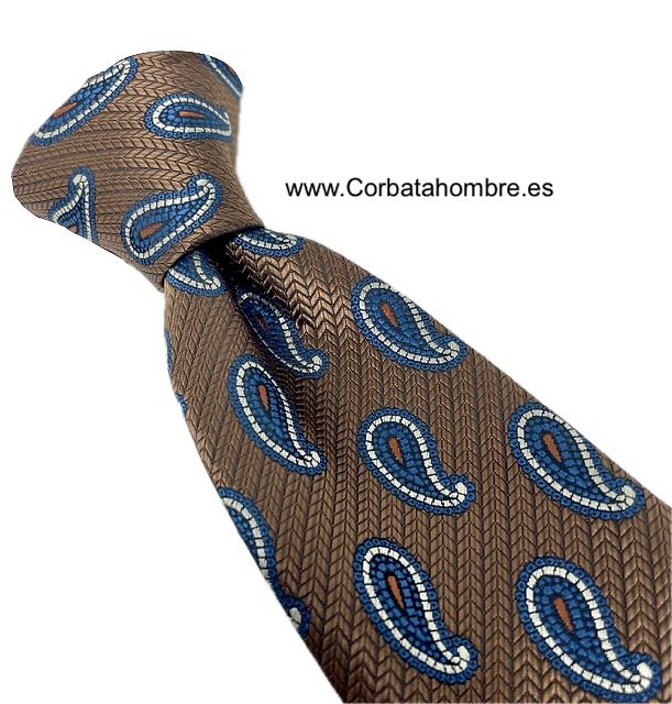 CORBATA ESPIGADA COBRE CON CACHEMIRES AZULES CON BLANCO 