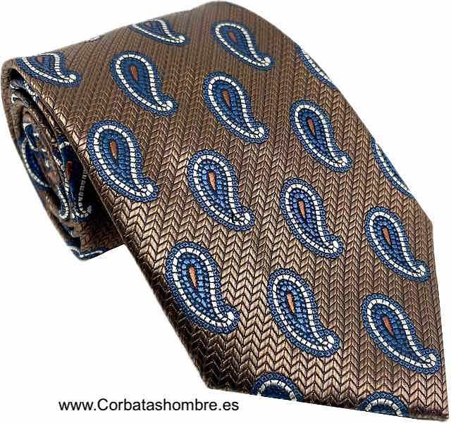 CORBATA ESPIGADA COBRE CON CACHEMIRES AZULES CON BLANCO 