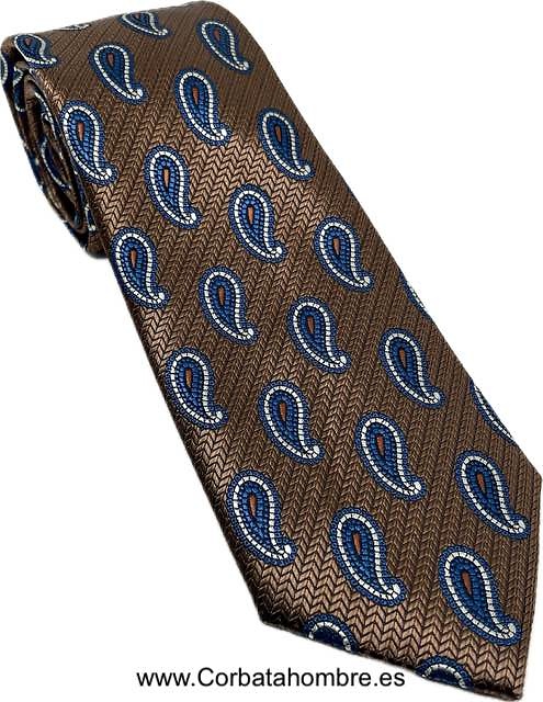 CORBATA ESPIGADA COBRE CON CACHEMIRES AZULES CON BLANCO 