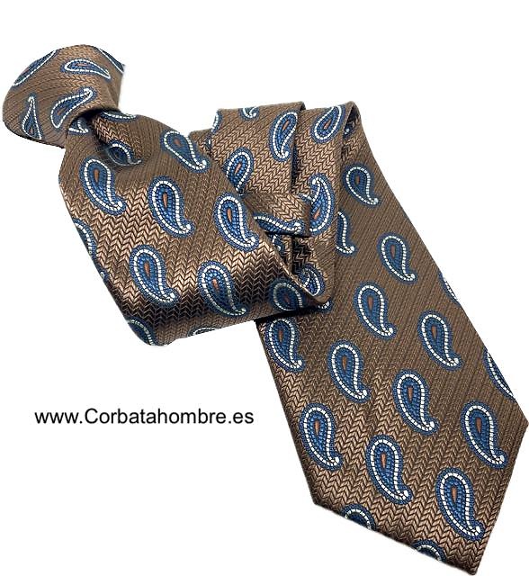 CORBATA ESPIGADA COBRE CON CACHEMIRES AZULES CON BLANCO 