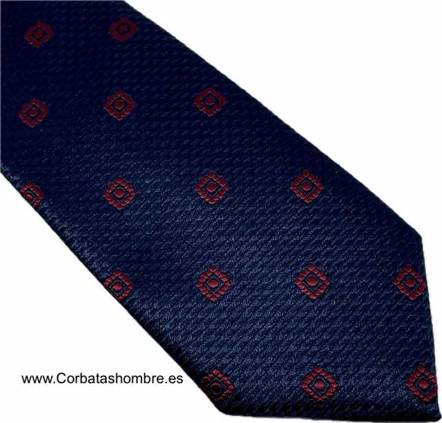 CORBATA ESTRECCHA AZUL MARINO TELA JACQUARD CON CUADRADOS BURDEOS CON PUNTO INTERIOR 