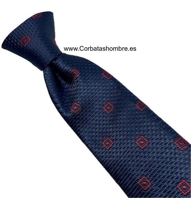 CORBATA ESTRECCHA AZUL MARINO TELA JACQUARD CON CUADRADOS BURDEOS CON PUNTO INTERIOR 