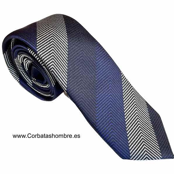 CORBATA ESTRECHA A RAYAS GRIS AZULON Y MARINO ELEGANTÍSIMA 