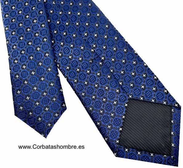 CORBATA ESTRECHA AZUL CON FONDO GRIS Y ESTRELLAS PEQUEÑAS BLANCAS EN TELA JACQUARD 