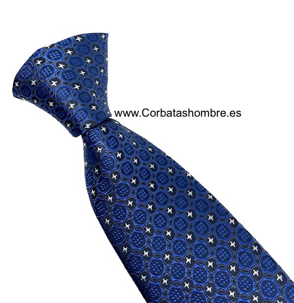 CORBATA ESTRECHA AZUL CON FONDO GRIS Y ESTRELLAS PEQUEÑAS BLANCAS EN TELA JACQUARD 