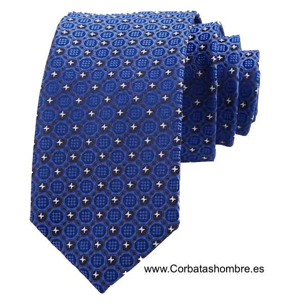 CORBATA ESTRECHA AZUL CON FONDO GRIS Y ESTRELLAS PEQUEÑAS BLANCAS EN TELA JACQUARD 