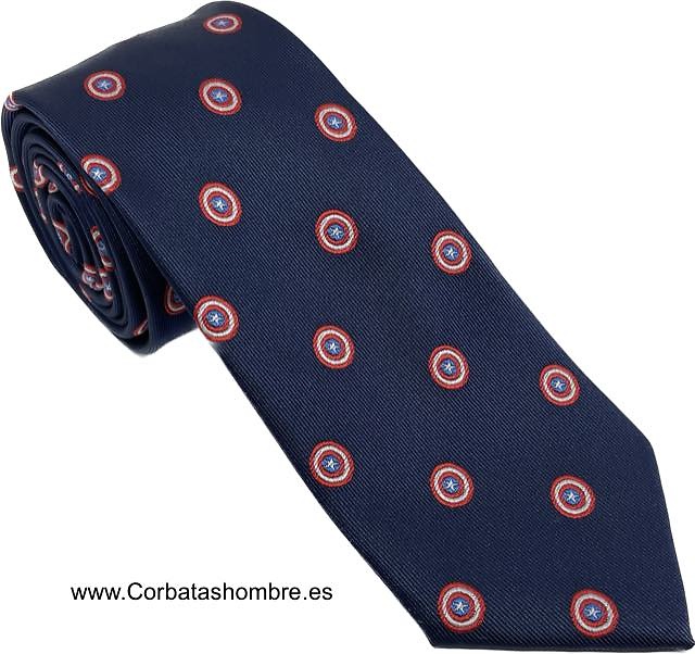 CORBATA ESTRECHA AZUL MARINO CON ESCUDOS REDONDOS CON ESTRELLA CENTRAL 