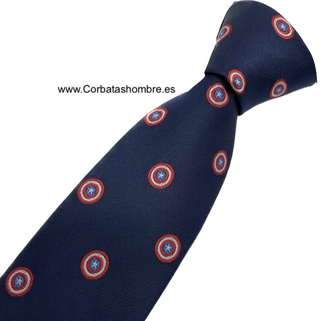 CORBATA ESTRECHA AZUL MARINO CON ESCUDOS REDONDOS CON ESTRELLA CENTRAL 