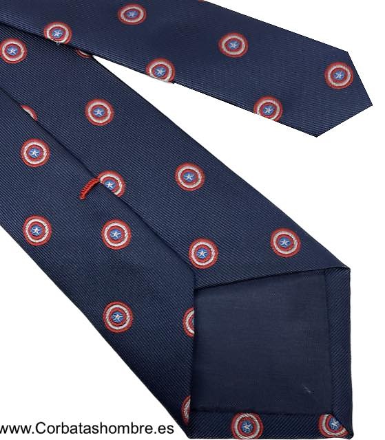 CORBATA ESTRECHA AZUL MARINO CON ESCUDOS REDONDOS CON ESTRELLA CENTRAL 