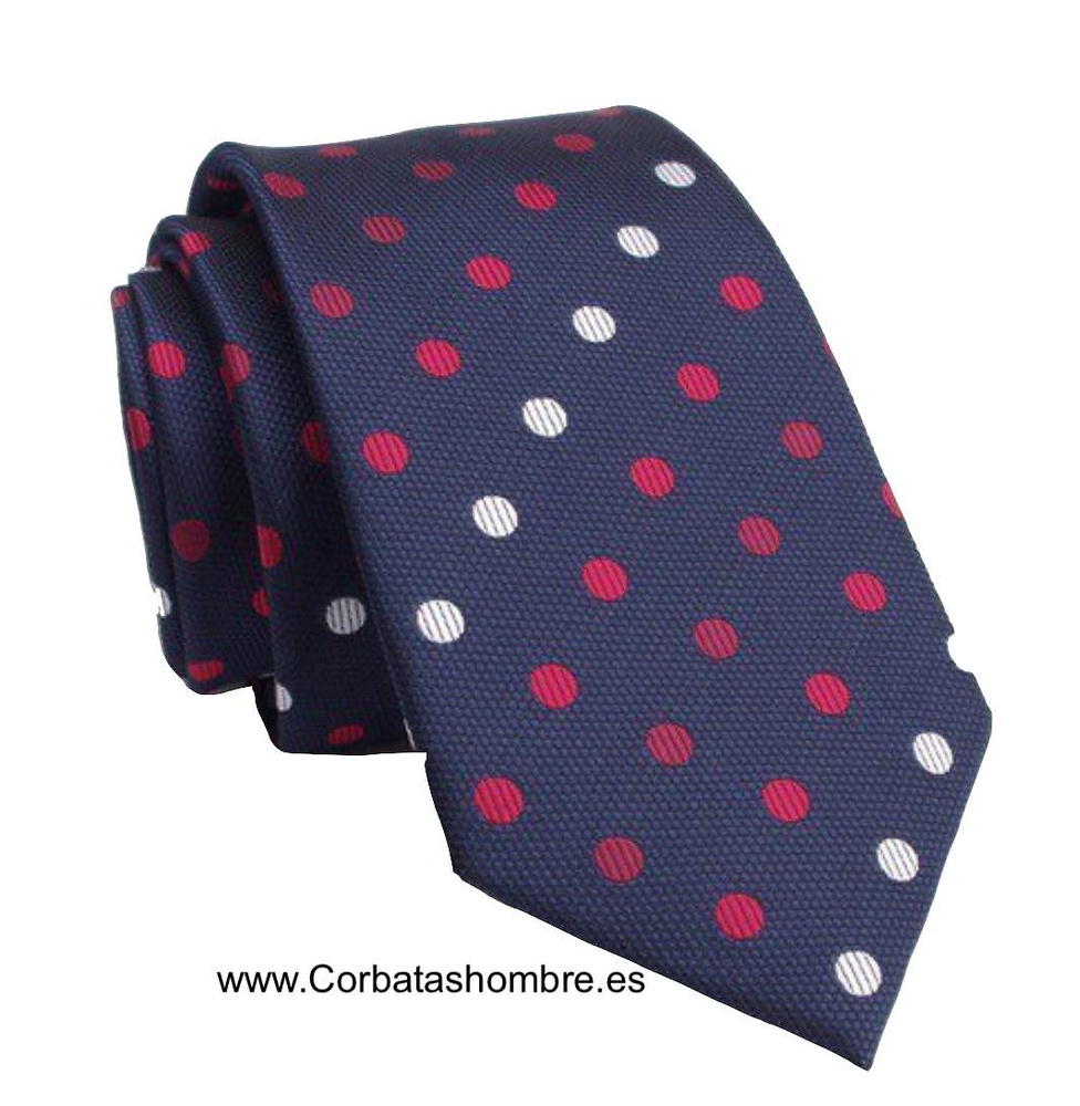 CORBATA ESTRECHA AZUL MARINO CON LUNARES BLANCOS Y ROJOS 