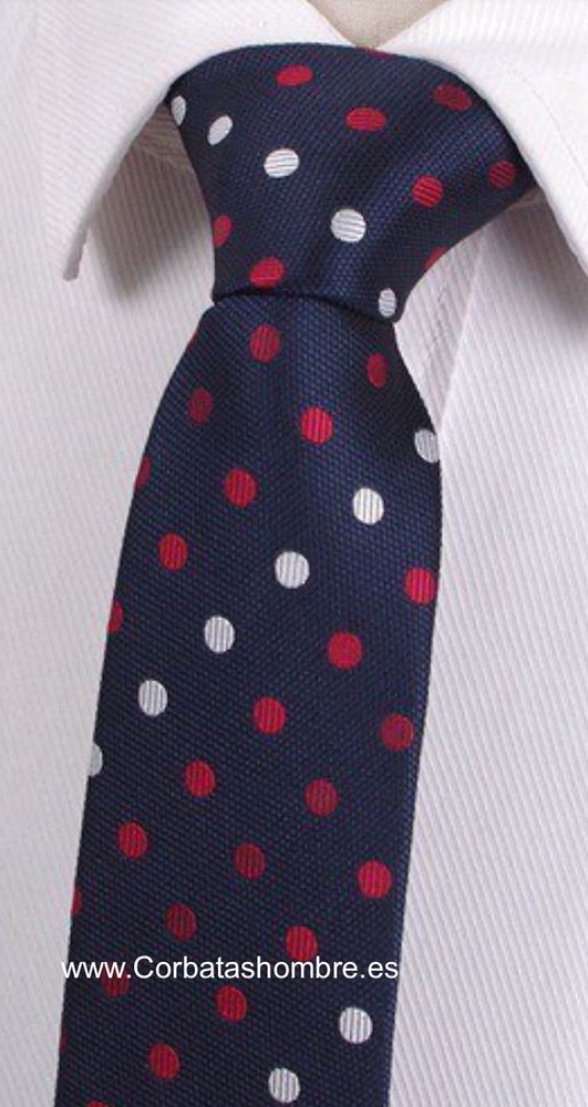 CORBATA ESTRECHA AZUL MARINO CON LUNARES BLANCOS Y ROJOS 