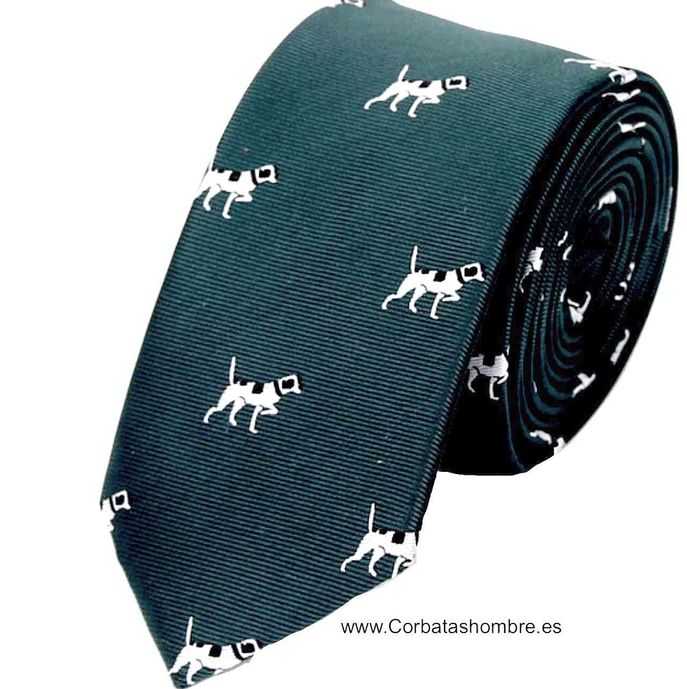 CORBATA ESTRECHA COLOR VERDE INGLÉS CON PERROS 