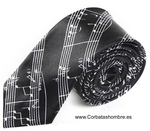 CORBATA ESTRECHA CON NOTAS MUSICALES NEGRA Y BLANCA 