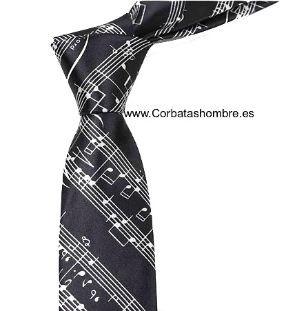 CORBATA ESTRECHA CON NOTAS MUSICALES NEGRA Y BLANCA 