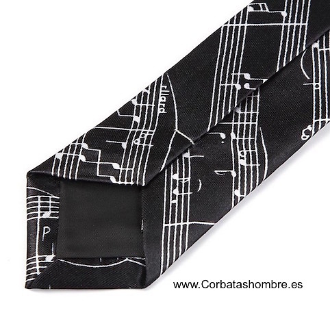 CORBATA ESTRECHA CON NOTAS MUSICALES NEGRA Y BLANCA 