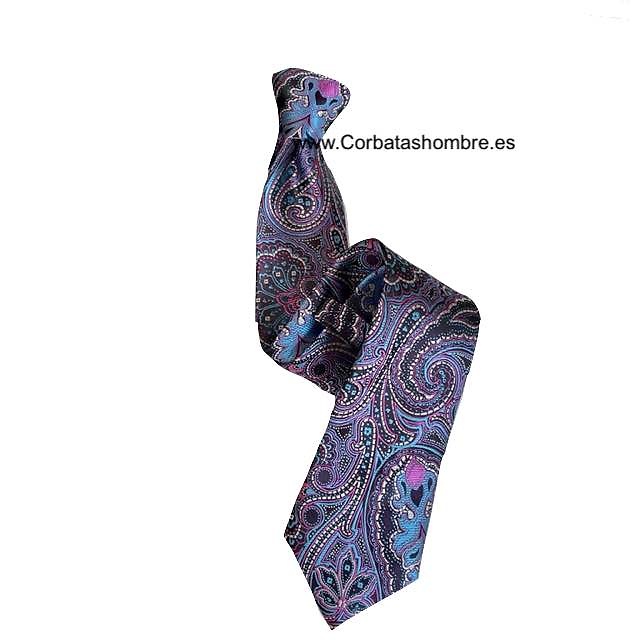 CORBATA ESTRECHA DE CACHEMIR DE AZUL TURQUESA CON FUCSIA 