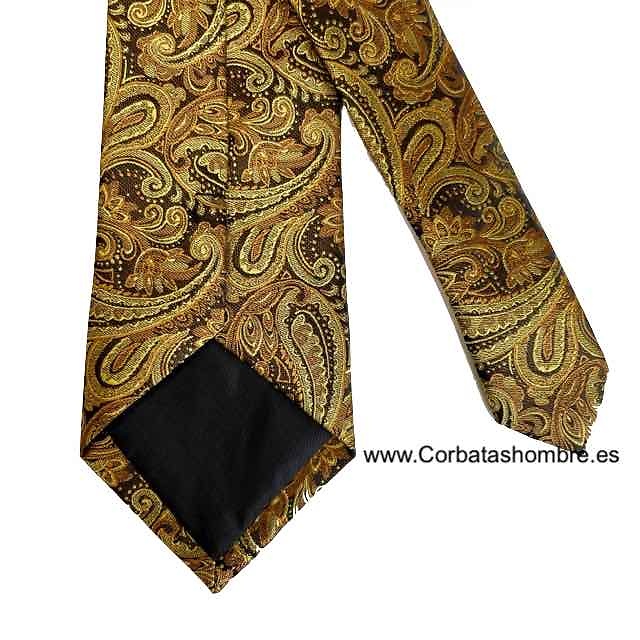 CORBATA ESTRECHA DE CACHEMIR EN COLORES DORADOS CON MARRÓN CAFÉ MUY ELEGANTE 