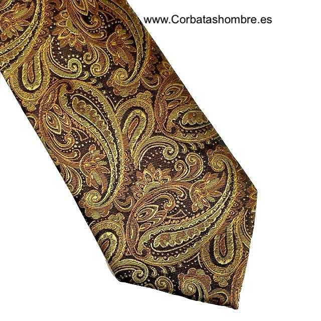 CORBATA ESTRECHA DE CACHEMIR EN COLORES DORADOS CON MARRÓN CAFÉ MUY ELEGANTE 