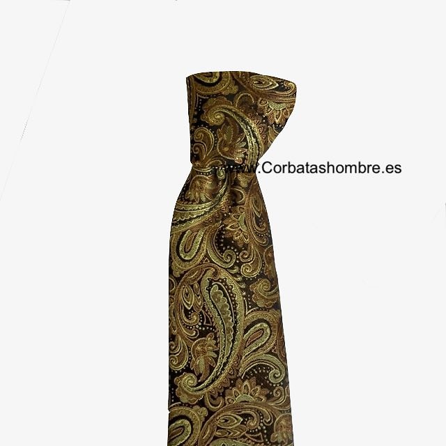 CORBATA ESTRECHA DE CACHEMIR EN COLORES DORADOS CON MARRÓN CAFÉ MUY ELEGANTE 