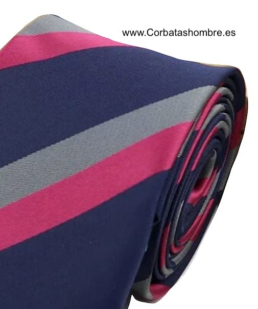 CORBATA ESTRECHA DE RAYAS AZUL ROSA INTENSO Y GRIS 