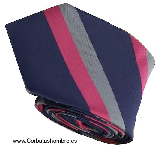 CORBATA ESTRECHA DE RAYAS AZUL ROSA INTENSO Y GRIS 