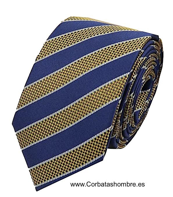 CORBATA ESTRECHA DE RAYAS DORADAS Y AZULES 