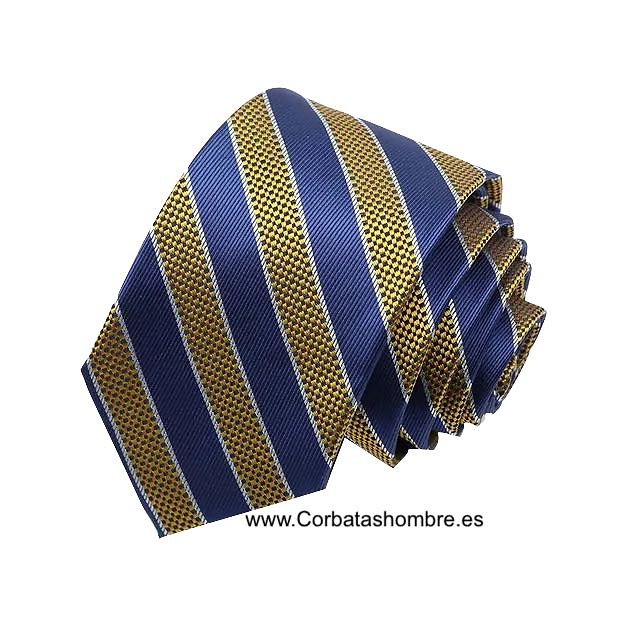 CORBATA ESTRECHA DE RAYAS DORADAS Y AZULES 
