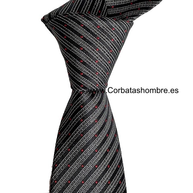 CORBATA ESTRECHA DE RAYAS GRISES SOBRE NEGRO CON TOPOS ROJOS 