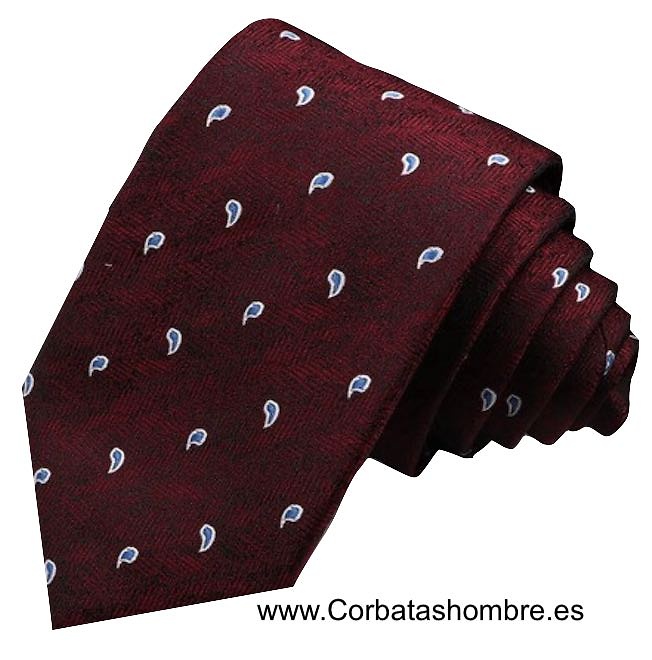 CORBATA ESTRECHA EN TELA ESPIGADA GRANATE CON CACHEMIR AZUL 