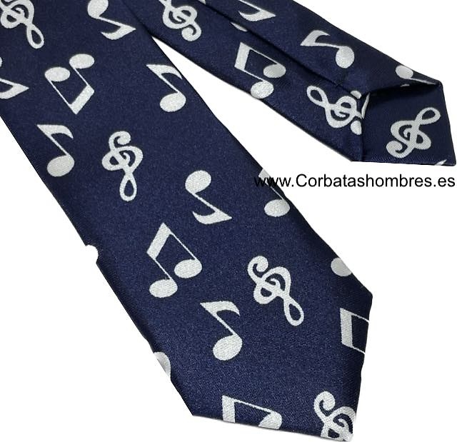 CORBATA ESTRECHA MARINO CON NOTAS MUSICALES BLANCAS 