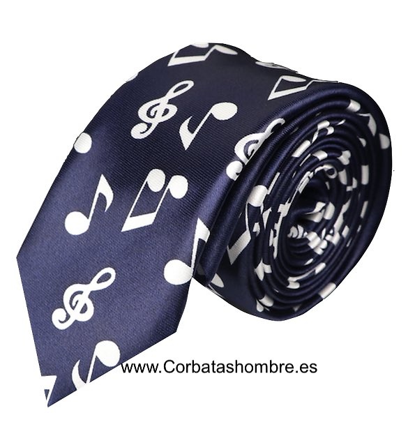 CORBATA ESTRECHA MARINO CON NOTAS MUSICALES BLANCAS 