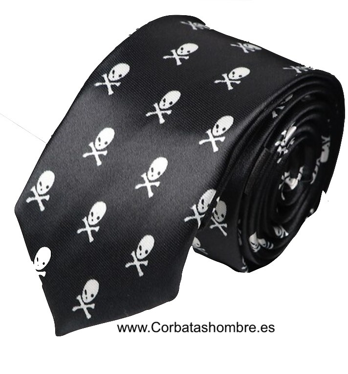 CORBATA ESTRECHA NEGRA DE CALAVERAS BLANCAS PEQUEÑAS 