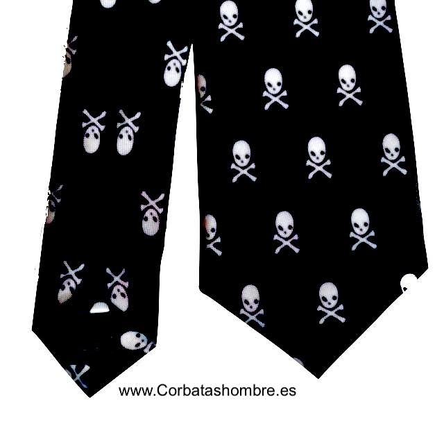 CORBATA ESTRECHA NEGRA DE CALAVERAS BLANCAS PEQUEÑAS 