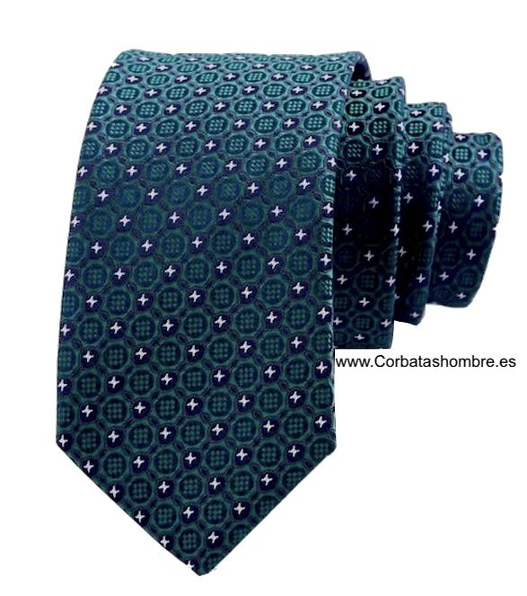 CORBATA ESTRECHA VERDE CON FONDO AZUL MARINO Y ESTRELLAS PEQUEÑAS BLANCAS DE TELA JACQUARD 