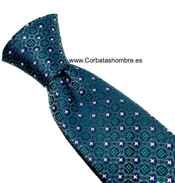 CORBATA ESTRECHA VERDE CON FONDO AZUL MARINO Y ESTRELLAS PEQUEÑAS BLANCAS DE TELA JACQUARD 