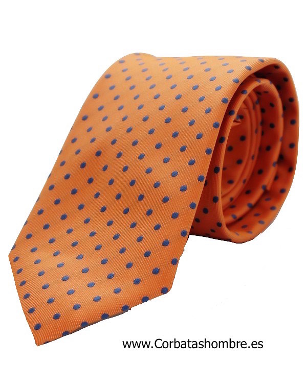 CORBATA FONDO NARANJA CON TOPOS O LUNARES PEQUEÑOS AZULES 