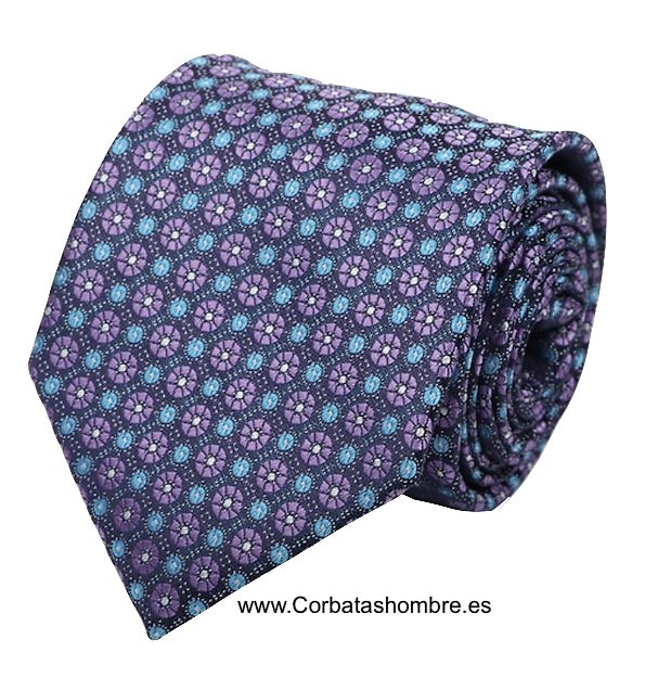 CORBATA FONDO NEGRO CON FLORES PEQUEÑAS LILAS Y AZUL TURQUESA 