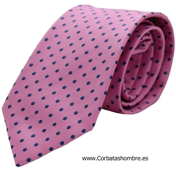 CORBATA FONDO ROSA CON TOPOS O LUNARES PEQUEÑOS AZULES 