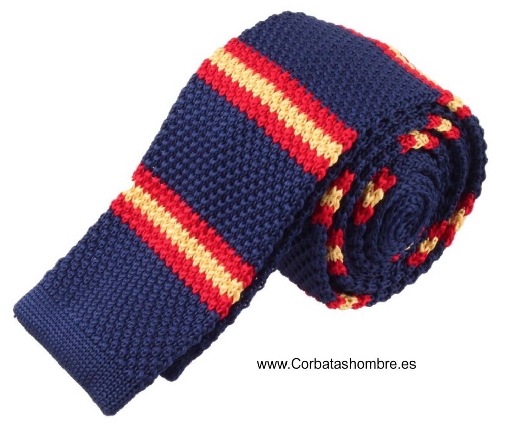 CORBATA FRANJAS BANDERA ESPAÑA DE PUNTO FONDO AZUL MARINO 