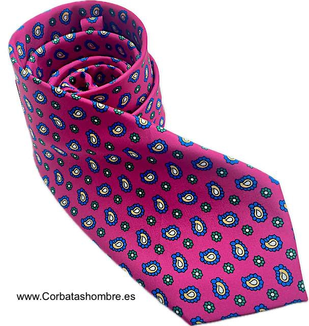 CORBATA FUCSIA DE MINI CACHEMIRES AZULES Y FLORES VERDES 