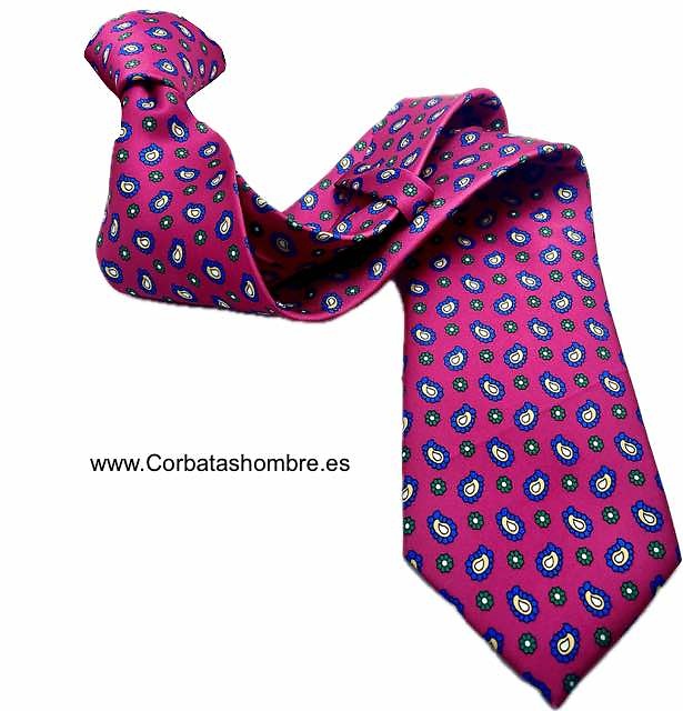 CORBATA FUCSIA DE MINI CACHEMIRES AZULES Y FLORES VERDES 