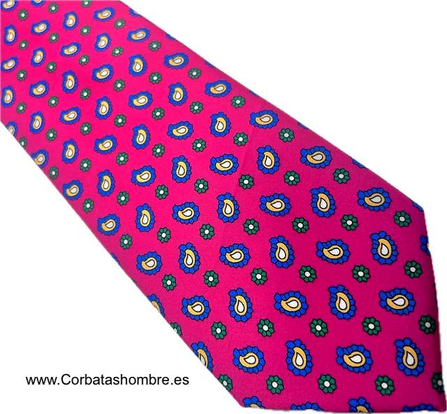 CORBATA FUCSIA DE MINI CACHEMIRES AZULES Y FLORES VERDES 