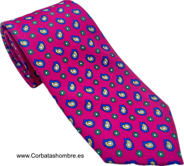 CORBATA FUCSIA DE MINI CACHEMIRES AZULES Y FLORES VERDES 