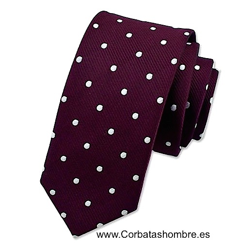 CORBATA GRANATE ESTRECHA CON LUNARES BLANCOS 